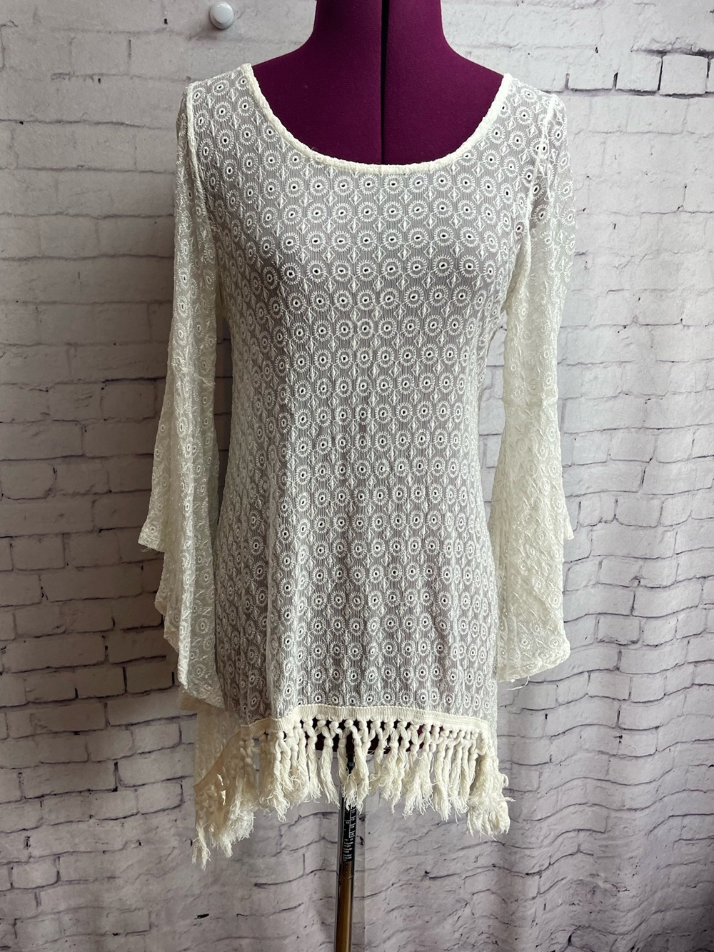 Gypsy junkies Mimi tunic cream colored boho silk lace tunic with fringe
